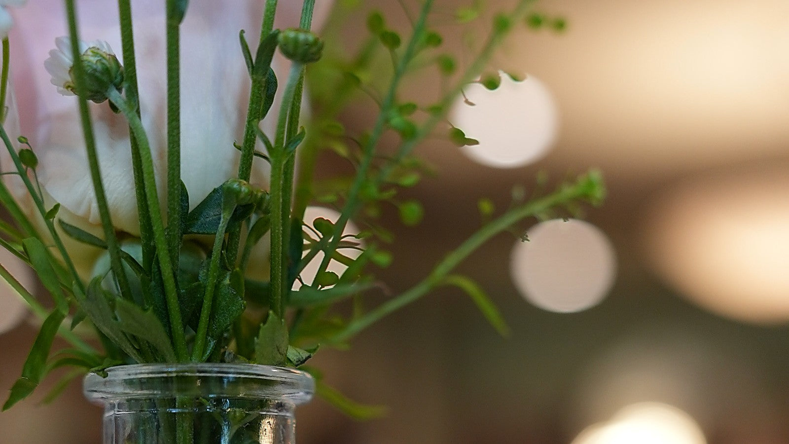 Wedding reception floral centerpiece with warm bokeh lights — ModrnDayMedia